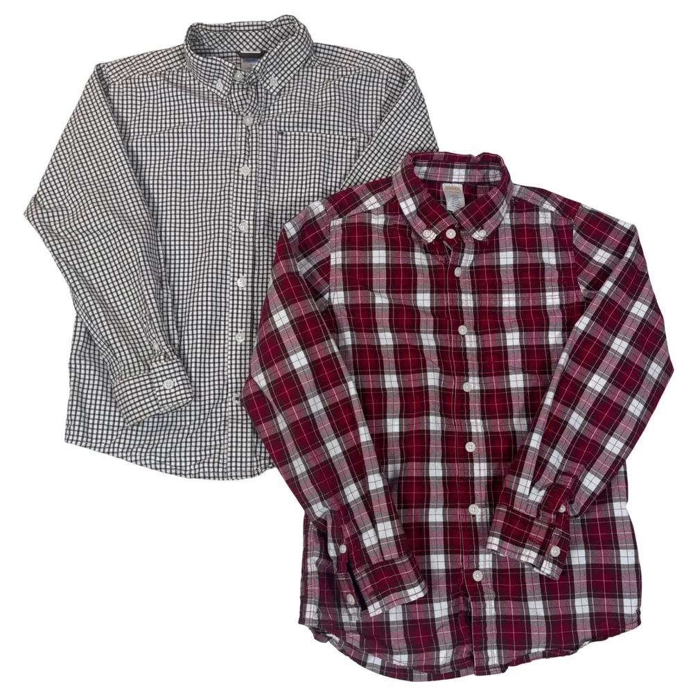 Gymboree Boys Plaid & Check Button Down Shirts Set of 2 Red Brown Size M 7-8